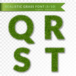 Grass letters Q, R, S, T set alphabet 3D design. Capital letter text. Green font isolated white transparent background. Symbol eco environment, save the planet. Realistic meadow. Vector illustration