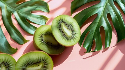 Wall Mural - Ripe kiwi fruit on tropical green monstera leaves on the pink background. AI generated image