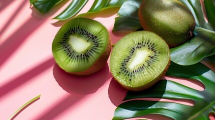 Wall Mural - Ripe kiwi fruit on tropical green monstera leaves on the pink background. AI generated image