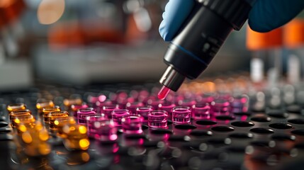 Fototapete - Close-Up of Automated Pipetting in Progress at Modern Laboratory