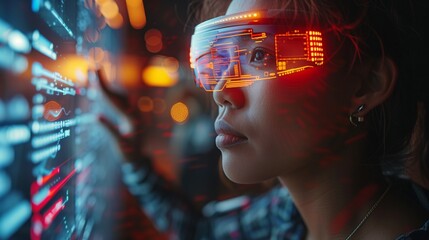 Poster - Futuristic Vision: Woman Wearing Advanced AR Glasses at Night