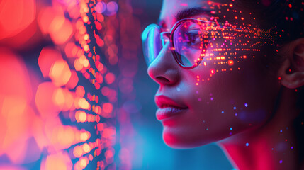 Poster - Woman Contemplating in Neon Light Ambience at Night