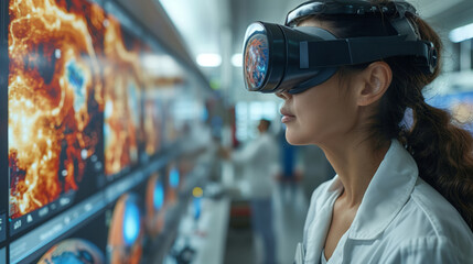 Poster - Female Scientist Analyzing Data With Virtual Reality Headset in Hi-Tech Laboratory