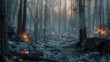 A forest ravaged by wildfires, with charred trees and smoldering embers