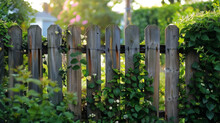 A Wooden Fence With Green Vines Growing On It. The Fence Is Old And Has A Rustic Look To It. The Vines Are Climbing Up The Fence, Adding A Touch Of Nature To The Scene