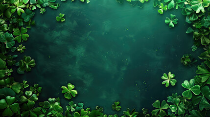 Wall Mural - Saint Patricks day background with sprayed clover leaves or shamrocks on green blue background with copy space.