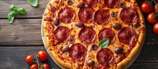 Wall Mural - A freshly baked pepperoni pizza topped with olives and cherry tomatoes displayed on a rustic wooden table.