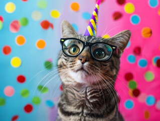 Wall Mural - Birthday cat with hipster glasses, bright and flat colored background