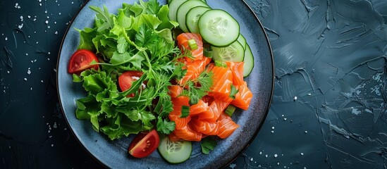 Poster - A blue plate filled with a fresh salad consisting of sliced cucumbers, cherry tomatoes, and crisp lettuce leaves.
