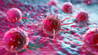 Close-up on a T-cell attacking a bacterium, vivid color contrast