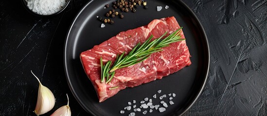 Wall Mural - A piece of Black Angus striploin steak is placed on a plate, seasoned with various spices and seasonings for a delicious meal.