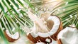 A splash of coconut milk, against a tropical background of cracked and whole coconut and green palm leaves