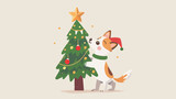 Fototapeta Dziecięca - Dog with christmas tree flat cartoon vactor illustration