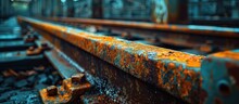 A Weathered Metal Bench Covered In Rust Sitting Atop A Disused Train Track, Showcasing Decay And Abandonment In An Industrial Setting.