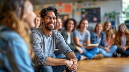 Wall Mural - A group of people are sitting in a circle and one man is smiling