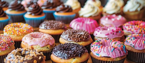 Assortment of various types of cupcakes and donuts displayed on a table.