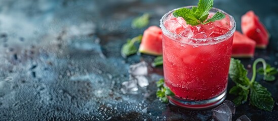 A watermelon drink garnished with fresh mint leaves placed on a black surface.