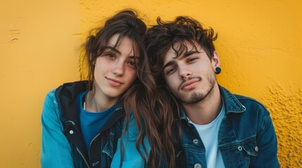 a man and woman leaning against a yellow wall