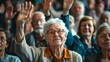 A group of elderly individuals with gray hair and wrinkled faces are clapping enthusiastically, raising their hands in the air. They are showing appreciation or approval for something