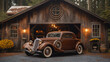 Elegant Vintage Car in Front of Historic Barn at Dusk