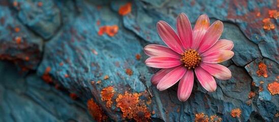 A vibrant pink flower delicately sits atop a blue rock, showcasing a beautiful contrast in colors and textures.