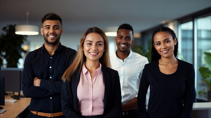 Diverse group of people from different backgrounds and ethnicities in a modern office happy at work, smiling multiethnic corporate men and women executives, diversity and inclusivity concept