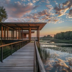 Wall Mural - a wooden walkway over water with trees and a building