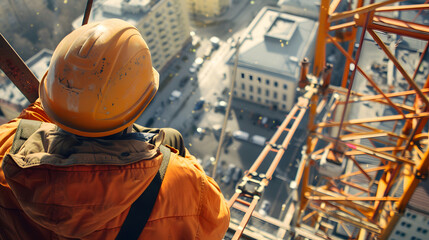 A construction worker crane operator looking from the crane cab at the construction site of a high-rise building