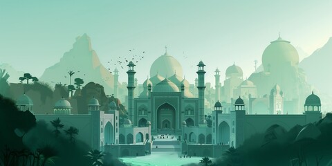 Illustration of abstract ramadan kareem mosque, arabic muslim mosques and minarets, religious eastern architecture, background.