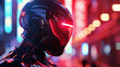 AI police robot, metallic finish, enforcing law in a dystopian city, cinematic lighting