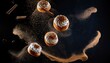 A captivating close-up capturing five donuts adorned with cinnamon and cream in a slow-motion descent, each frozen in a moment of graceful fall against a dark background. AI Generated