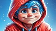   A tight shot of an individual in a red hoodie, featuring blue hair and a grinning expression