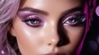   A tight shot of a woman's face wearing deep purple makeup and glittery eyeliner