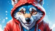   A wolf image in red hoodie against a blue backdrop with snowflakes on its face