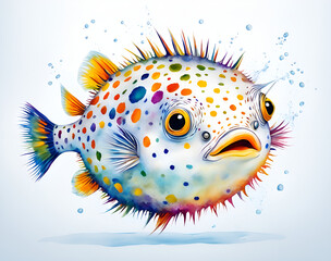 Colorful pufferfish swimming in a colorful background, illustrated by illustrators of tropical fish in the sea
