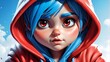  Young girl in blue hair, red hoodie gazes at camera with red eyes