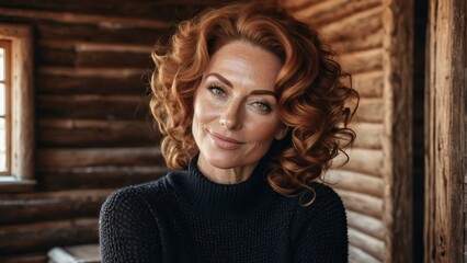   A woman with red hair stands before a log cabin, smiling at the camera