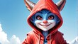   Digital painting of a cartoon character in a red hoodie, adorned with horns, and sporting a broad grin
