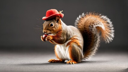 Wall Mural -   A squirrel, donning a red hat, stands on its hind legs with a morsel in its mouth