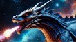   A dragon's close-up, mouth agape before a star-filled sky - adorned with clouds and twinkling stars