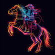 cowgirl riding a horse in neon colors illustration on a black background