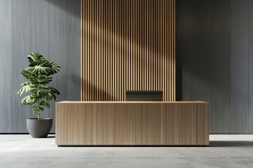 Bright simple linear company hotel reception counter or frontdesk made out of wood and metal