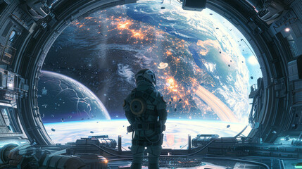 Wall Mural - a man in a space suit is looking out of a window of a spaceship. the scene is set in outer space wit
