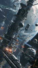 Wall Mural - a futuristic city with a large building in the middle. the sky is filled with space debris and the c