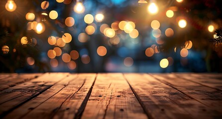 Canvas Print - a wooden table with a blurry background of lights