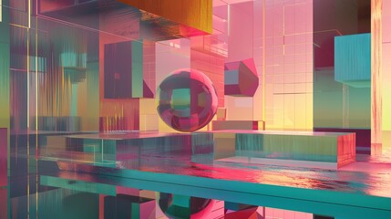 Poster - a striking 3d composition of a reflective sphere and cubes in a colorful, abstract environment with 