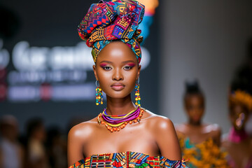 Striking African model on the runway at a fashion event adorned with vibrant traditional clothes and elaborate accessories.