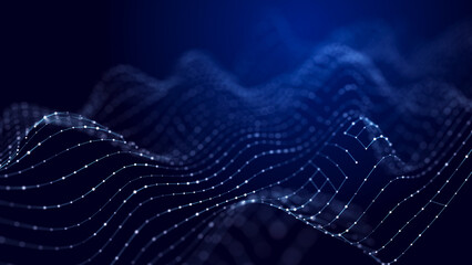 Fototapete - Abstract wave. Interweaving of dots and lines on a blue background. Big data. 3D rendering.