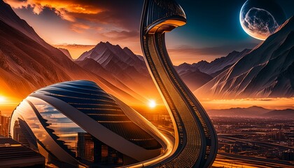 Wall Mural - Envision a hyper-realistic sunset descending over a bustling cityscape. Capture the dramatic interplay of light and shadow, reflecting off skyscrapers and busy streets.AI Generated