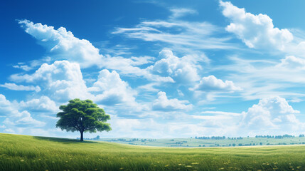 Blue sky and cloud with meadow tree. Plain landscape background for summer poster. Generate AI